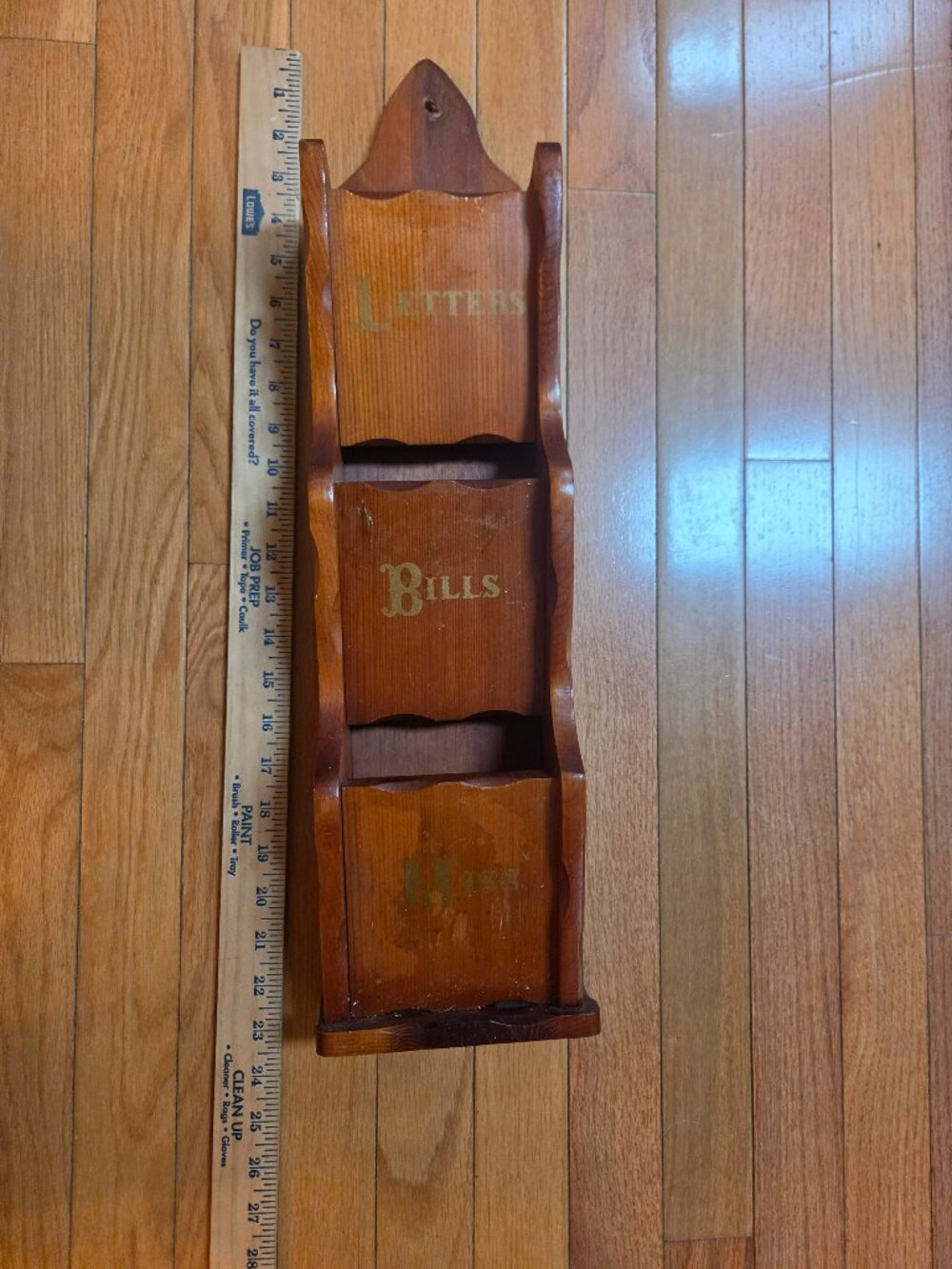 vintage wooden mail organizer wall rack has some wear
